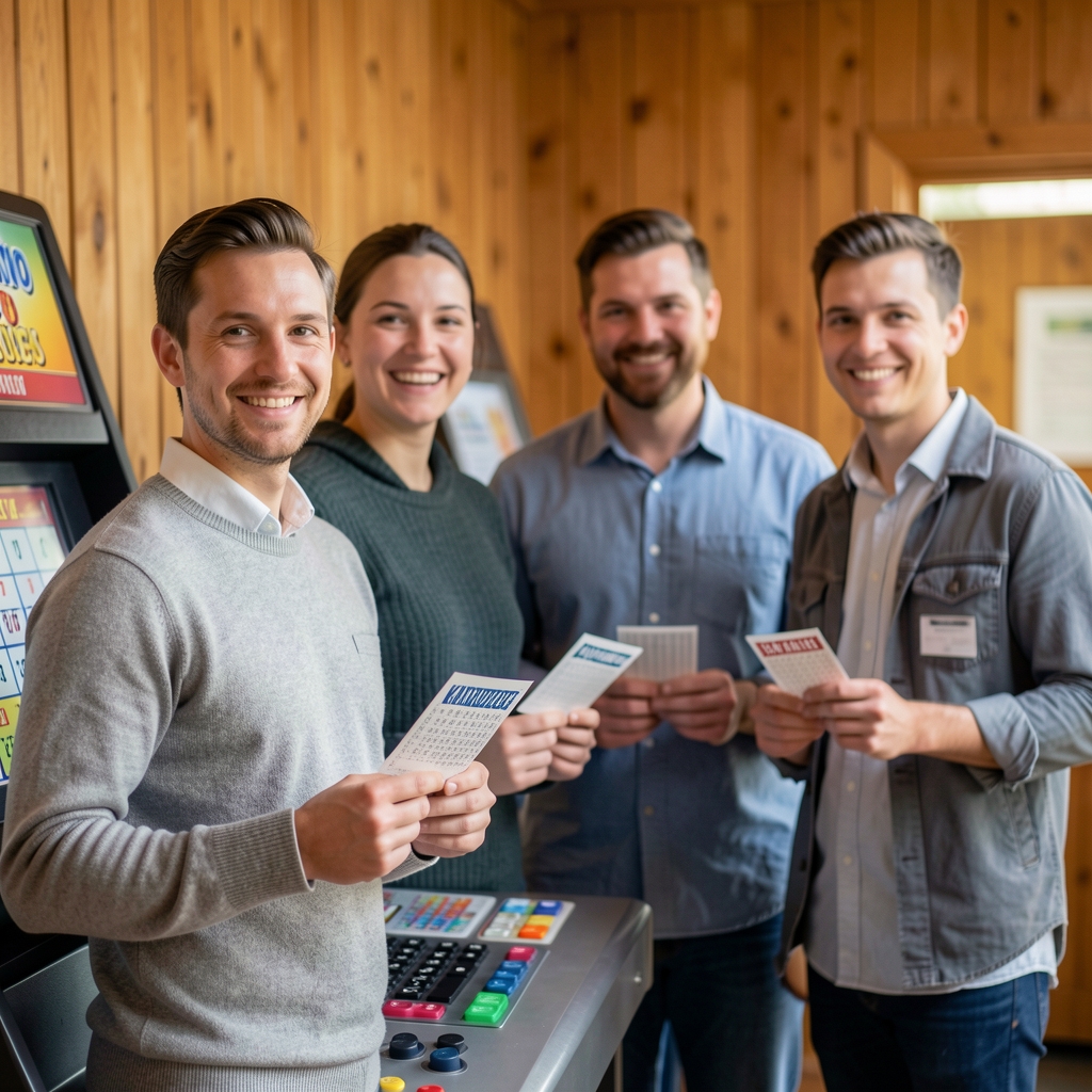 A KavarnodeckBingo csapata az Üllői úti teremben: négy személy áll a bingó húzógép mellett, kezükben kártyakötegekkel, mosolyogva, fa borítású falakkal a háttérben